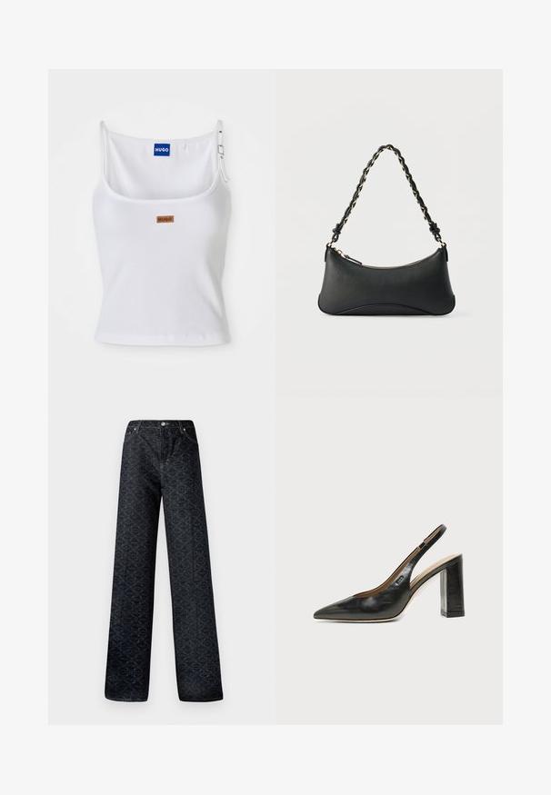 Weißes, geripptes Tanktop mit verstellbaren Trägern, ausgestattet mit einem blauen Logolabel und einem kleinen braunen Etikett, gefertigt aus weichem, dehnbarem Material.; Dunkelblaue, weite Jeans mit geometrischem Muster, aus Denim gefertigt. Mit Metallknopf, Reißverschluss und Kettelung der vorderen Taschen.; Schwarzer Leder-Slingback-Schuh mit spitzer Kappe, hohem Blockabsatz und beigegefüttertem Innenraum vor hellem, einfarbigem Hintergrund.; Schwarze Lederschultertasche mit gewölbter rechteckiger Form, goldener Kette, die in den geflochtenen schwarzen Riemen eingewebt ist, und Reißverschlussverschluss oben.