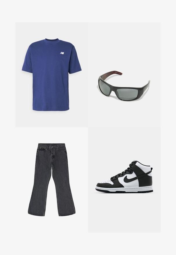 Bomulds T-shirt i dyb marineblå. Korte ærmer, rund hals, med et lille hvidt logo på venstre bryst. Glat tekstur, klassisk pasform.; Mørkegrå flare jeans lavet af denim, med et klassisk fem-lomme design, synlig syning og metal hardware detaljer.; Sort og hvid høj-top sneakers med læderoverdel, perforeret tåboks, fremtrædende swoosh-logo og struktureret gummisål.; Arnette HOT SHOT - Solbriller - dark grey