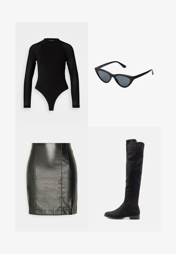 Bodysuit noir à manches longues avec col haut, doté d'un tissu solide sur le torse et de manches en maille transparente, conçu dans une coupe ajustée.; Mini-jupe en simili cuir noir avec une silhouette ajustée, présentant des détails de couture subtils le long des coutures et une finition lisse et brillante.; Bottes noires en suède haute jusqu'au genou avec une texture lisse, un bout arrondi et un petit talon carré ; design minimaliste sans quincaillerie visible.; Lunettes de soleil noires en forme d'œil de chat avec des verres gris foncé, monture en plastique élégante, coins pointus et branches droites. Pas de métal visible ni d'accents.
