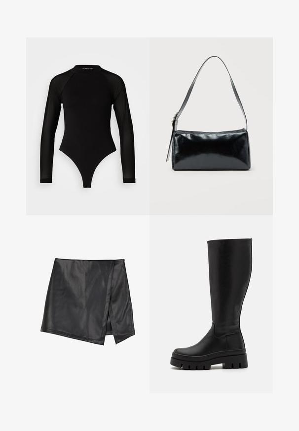 Sort langermet bodysuit med høj hals, fremstillet af solidt stof på torsoen og gennemsigtigt mesh på ærmerne, designet i en tætsiddende form.; Even&Odd Mini skirts - black; Even&Odd Plateaustøvler - black; Sort rektangulær skuldertaske med en enkelt justerbar rem og lynlås i toppen på en ensfarvet baggrund.