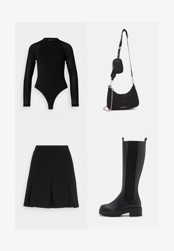 Bodysuit noir à manches longues avec col haut, doté d'un tissu solide sur le torse et de manches en maille transparente, conçu dans une coupe ajustée.; Even&Odd by Zalando Minijupe - black; Bottes noires montantes en cuir lisse, avec des panneaux élastiques sur les côtés et une semelle épaisse texturée pour une meilleure adhérence.; Sac en nylon noir à l'épaule avec une forme incurvée, accent en chaîne argentée, pochette mini amovible et bandoulière ajustable ; présente le logo "Steve Madden".