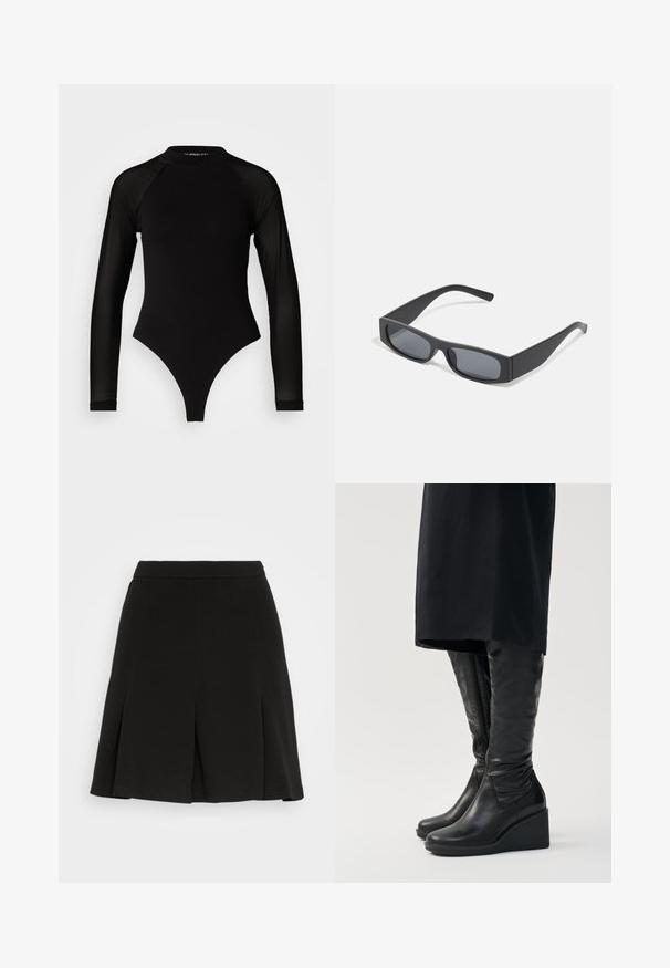 Schwarzer Langarm-Body mit hohem Kragen, bestehend aus festem Stoff im Torso und transparenten Netzärmel, entworfen in einer körperbetonten Form.; Even&Odd by Zalando Minirock - black; Schwarz lederne kniehohe Stiefel mit Keilabsatz, ausgestattet mit einer glatten Oberflächenstruktur und einem seitlichen Reißverschluss. Entworfen mit einer schlanken, körperbetonten Silhouette.; Schwarze rechteckige Sonnenbrillen mit dunklen Gläsern und dicken matten Rahmen. Die Bügel sind leicht verjüngt und haben eine glatte Oberfläche.