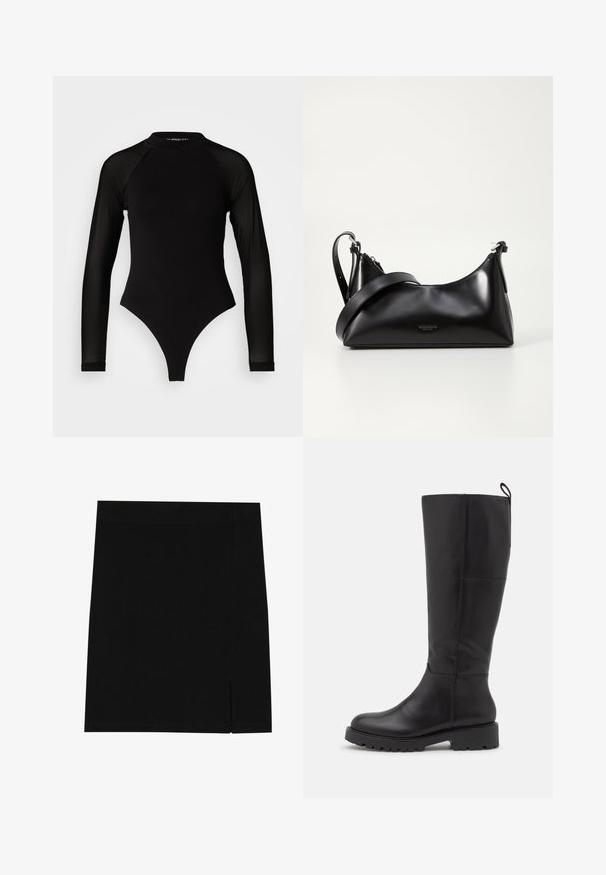 Bodysuit noir à manches longues avec col haut, doté d'un tissu solide sur le torse et de manches en maille transparente, conçu dans une coupe ajustée.; Mini-jupe noire en tissu doux avec une coupe ajustée, présentant une légère fente sur le côté pour plus de style.; Vagabond KENOVA - Bottes - black; Sac à main en cuir noir avec une texture lisse. Dispose d'une bandoulière adjustable et d'un design élégant et minimaliste avec une fermeture éclair.