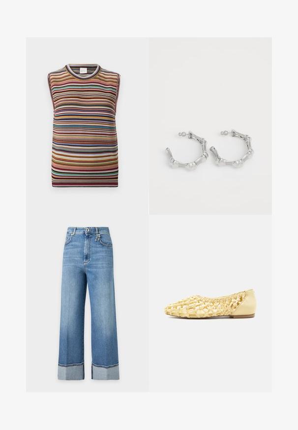 Haut sans manches en maille avec des rayures horizontales multicolores en rouge, orange, jaune, bleu, vert, marron et blanc, avec un col rond.; Jean denim bleu à jambes larges avec revers roulés et poches avant, présenté sur fond blanc.; Chaussure plate en cuir tressé jaune clair avec talon fermé et design en treillis ouvert, adaptée pour un usage décontracté.; Boucles d'oreilles en argent avec un design texturé et bosselé. Fabriquées en métal, elles disposent d'une fermeture à tige sécurisée et d'une finition polie.