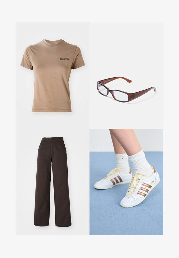 Brun bomulds t-shirt med korte ærmer og rund hals. Har et sort "DICKIES" logo på venstre brystområde. Glat tekstur.; Brune bredbenede bukser med knaplukning og bæltestropper, lavet af holdbart stof, som har en glat tekstur og rene linjer.; Hvide sneakers med bronze striber, tekstureret læder, gule snørebånd og perforerede detaljer. Båret med hvide ribbede sokker på en blød blå overflade.; Brune-farvede rektangulære briller med en glat overflade, der har slanke arme og gennemsigtige linser. Logoet er synligt på venstre temple.