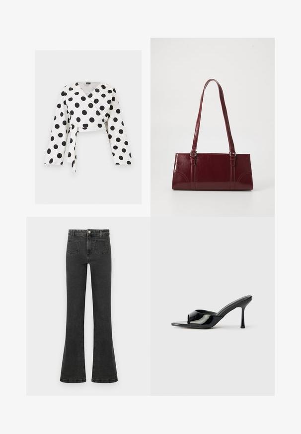 Blouse blanche à manches longues avec de grands pois noirs et une ceinture nouée à l'avant, présentée sur un fond blanc uni.; Jean en denim noir taille haute avec une légère évasement, bouton et fermeture éclair à l'avant, et poches plaquées à l'avant.; Mules noirs en cuir verni à bout ouvert avec une sangle étroite et un talon aiguille. Texture lisse et design minimaliste avec une semelle plate.; Sac à main bordeaux en matériau brillant, de forme rectangulaire, avec deux anses et des accents légèrement courbés à l'avant.