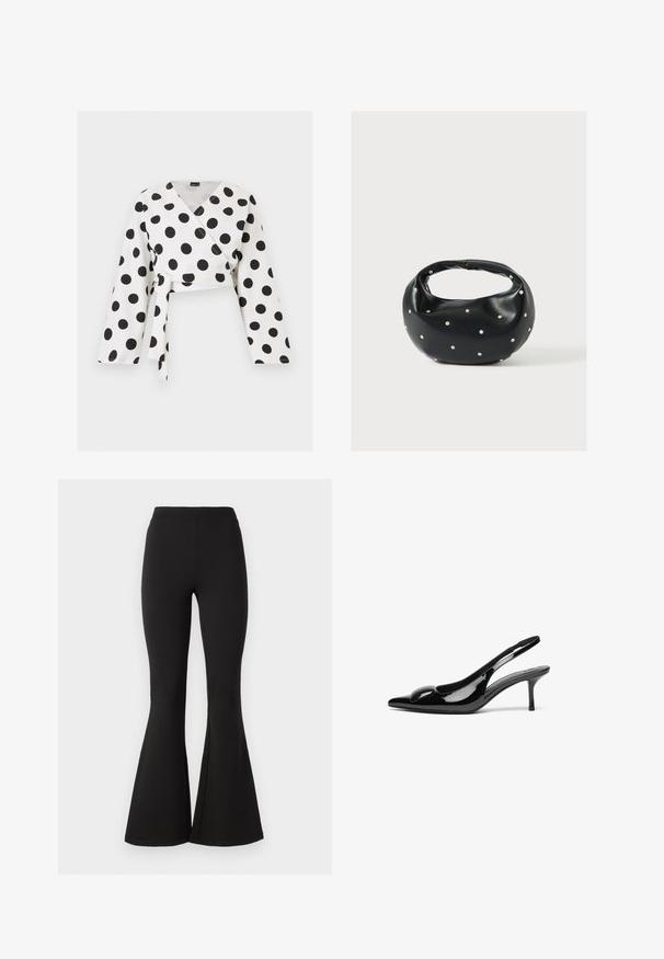 Blouse blanche à manches longues avec de grands pois noirs et une ceinture nouée à l'avant, présentée sur un fond blanc uni.; Leggings noirs évasés en tissu extensible, dotés d'une taille haute et d'une texture lisse, s'évasant vers le bas avec un large flare au niveau des chevilles.; Escarpins slingback en cuir verni noir avec un bout pointu et une finition brillante. Présente un talon fin et un accent arrondi au dessus du pied.; Sac à main en cuir noir de forme arrondie, décoré de clous argentés et équipé d'une poignée courte. Texture lisse et fermeture éclair.