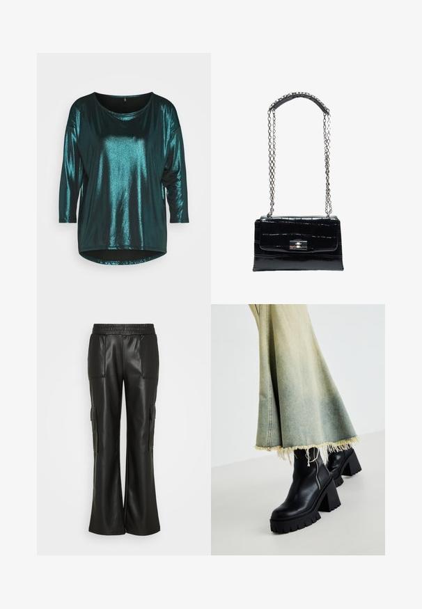 ONLY ONLELISA 3/4 SHINE - Langarmshirt - black/bayberry; Gina Tricot TROUSERS - Cargohose - black; Schwarze Leder-Ankle-Boots mit einer groben strukturierten Sohle, kombiniert mit einem verwaschenen Jeansrock mit fransigen Kanten. Reißverschlussdetail an der Seite.; Schwarze Handtasche aus Krokodilleder mit silbernem Drehverschluss und langem silbernem Kettenriemen mit Leder-Schulterpolster.
