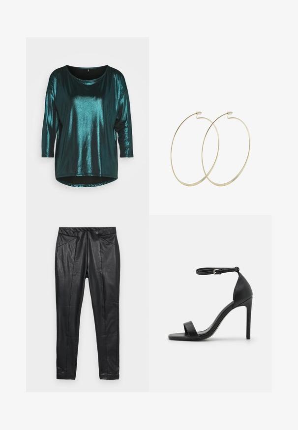 ONLY ONLELISA 3/4 SHINE - Camiseta de manga larga - black/bayberry; Pantalones de cuero negro de corte ajustado, con cintura elástica y dos bolsillos frontales con detalles cosidos. Acabado suave y texturizado.; Sandalia de tacón alto negra con un diseño elegante, que cuenta con una correa en el tobillo, punta abierta y una textura de cuero suave.; Pilgrim Pendientes - gold-coloured