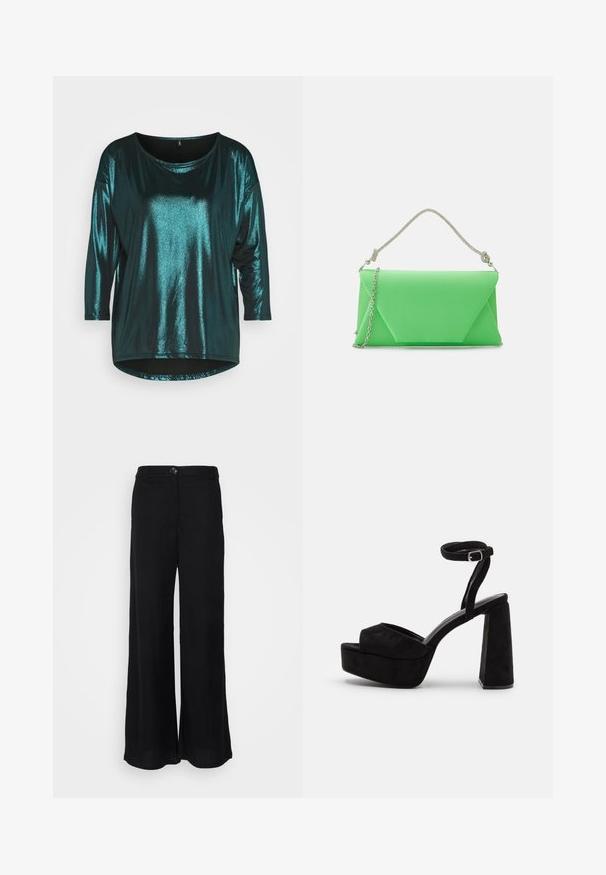 ONLY ONLELISA 3/4 SHINE - Top s dlhým rukávom - black/bayberry; Čierne široké nohavice vyrobené z ľahkej textílie, s hladkou textúrou, predným zapínaním na gombík a bočnými vreckami.; Čierne platformové sandále s semišovou textúrou, širokým predným pásom, opaskom okolo členku so sponou a mohutným blokovým podpätkom. Elegantný a moderný dizajn.; Mascara CB61156 - Listová kabelka - apple