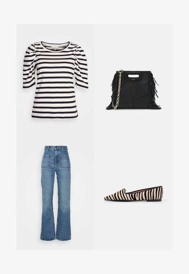 Stripet jersey top med korte puffærmer. Har marineblå og hvide vandrette striber samt en rund halsudskæring. Tekstureret ribbet stof.; Højtkaldte blå denimjeans med flagrende ben, to forlommer og to baglommer; struktureret stof med en falmet vask.; Pretty Ballerinas ELLA - Loafers - nube black; Sort læder skuldertaske med frynse-detaljer, guldkæde skulderrem og udskåret håndtag. Har logo placeret på forsiden.