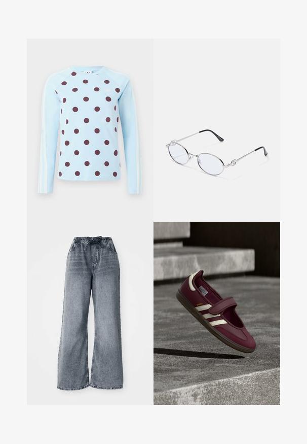 Lyseblå langærmet skjorte med mørkebrune prikker og hvid Adidas-logo samt tre striber på ærmerne.; Grå jeans med brede ben, elastisk talje, snøre lukning og sidelommer. Bleget tekstur over hele stoffet.; Vinrød sportssko med en rem, hvide sidelister, tekstureret gummisål og et glat øverste materiale. Justerbar pasform med polstret inderside.; Sølvmetal ovale briller med klare linser, prydet med dekorative sideaccenter og sorte spidser på stængerne for bedre greb og komfort.
