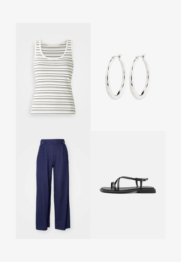 Débardeur rayé en blanc cassé avec de fines rayures horizontales noires. Présente un décolleté rond et une texture côtelée. Design sans manches classique.; Pantalons larges bleu marine en tissu doux, dotés de plis et de deux boutons à l'avant de la taille pour un détail supplémentaire.; Sandales plates noires avec de fines brides réglables, un entre-doigt rectangulaire et une finition mate texturée. Elles présentent un talon bas légèrement carré.; Boucles d'oreilles créoles en argent avec une finition lisse et brillante. Forme circulaire, dotée d'un fermoir sécurisé. Design simple et élégant.