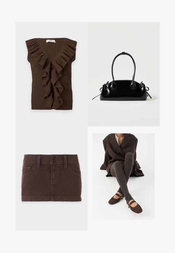 Top sans manches texturé marron foncé avec un décolleté en V profond et des détails à volants le long du col et au centre avant.; Mini-jupe en denim marron avec poches avant, passants de ceinture et double fermeture à boutons sur un fond clair uni.; Des chaussettes marron côtelées jusqu'aux genoux associées à des ballerines en daim marron de type Mary Jane avec une sangle décorative et une boucle, portées avec un manteau sombre.; Petit sac à main noir brillant avec deux longues anses et des détails à cordon sur les côtés sur un fond clair uni.