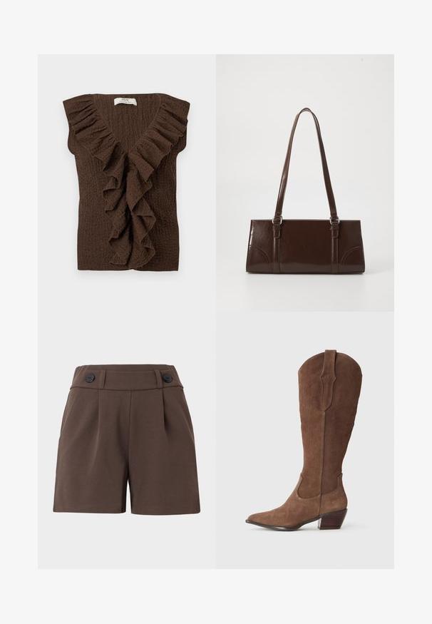 Top sans manches texturé marron foncé avec un décolleté en V profond et des détails à volants le long du col et au centre avant.; Shorts bruns en tissu texturé, avec une taille haute, des plis et deux boutons noirs à l'avant. Conception taillée avec des poches latérales.; Bottine cowboy en daim marron avec un bout pointu, une tige de hauteur moyenne, des coutures décoratives sur les côtés et un talon en bois empilé.; Sac à main en cuir verni marron de forme rectangulaire, avec deux longues poignées et des accents courbés subtils à l'avant.