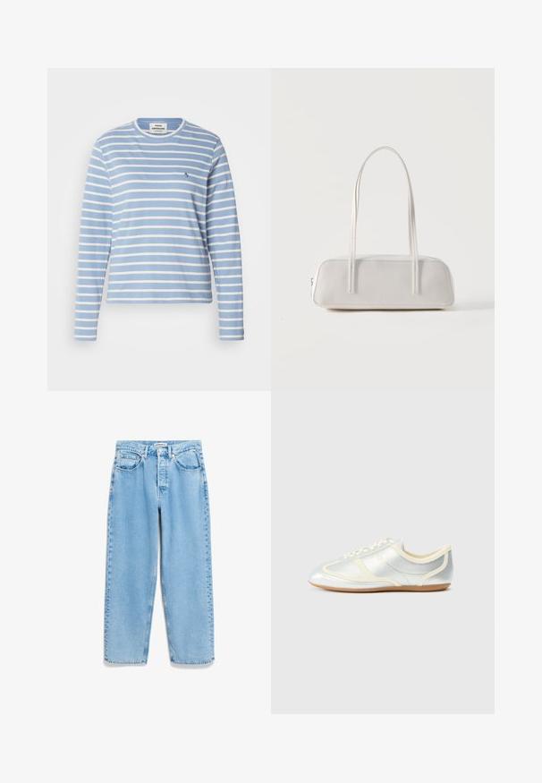 Camisa de manga larga a rayas con una base azul claro y rayas blancas, cuello redondo y un pequeño logo en navy en el lado izquierdo del pecho.; Vaqueros de mezclilla azul claro con un corte holgado, cintura alta, diseño de cinco bolsillos y un ligero deslavado a lo largo de las costuras de las piernas.; Zapatillas sintéticas plateadas con detalles en crema, perfil bajo, puntera redonda y suela de goma plana; cuentan con costuras clásicas y cierre de cordones.; Bolso de hombro rectangular blanco con correas largas y delgadas, costuras mínimas y cierre de cremallera sobre un fondo liso.