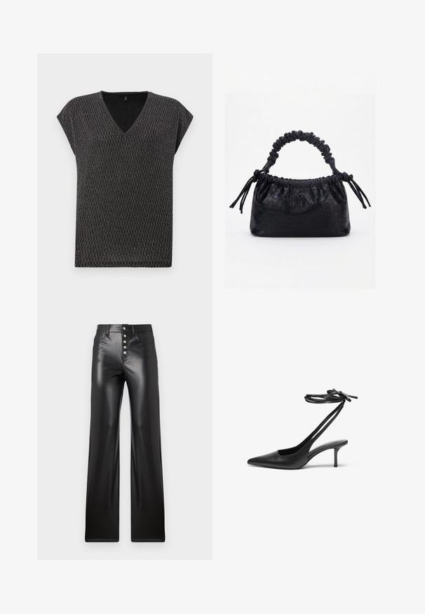 Haut noir à col en V avec manches courtes, présentant un motif en tricot texturé en forme de losange diagonal. Tissu doux avec un léger éclat.; ONLY ONLSMOOTH - Pantalon classique - black; Escarpin noir en cuir avec un bout pointu, un dos ouvert et des brides à la cheville nouées en nœud. Talon fin de 3 pouces. Texture lisse, design minimaliste.; Sac à main noir avec texture crocodile, bord supérieur froncé, poignée plissée et pompons à cordon de chaque côté sur fond blanc.