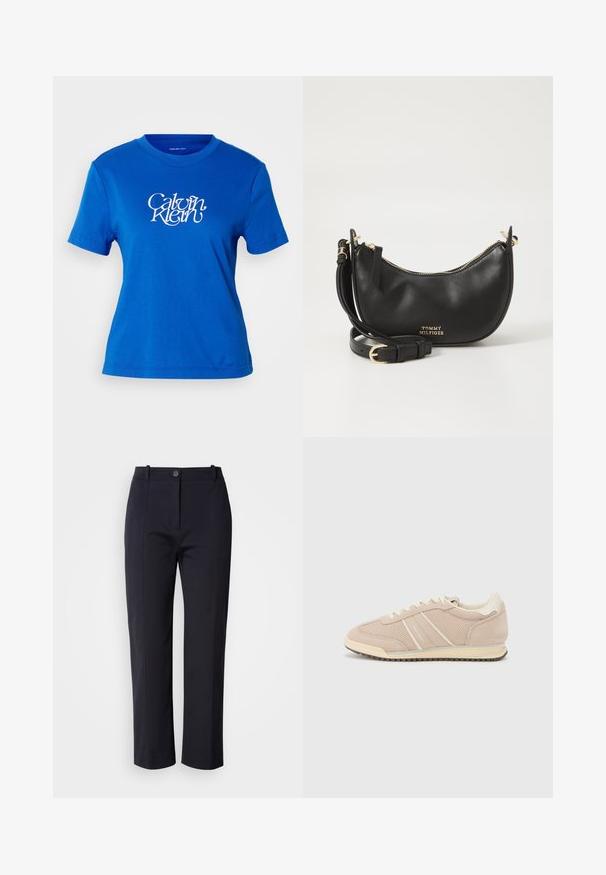 Blaues Baumwoll-T-Shirt mit Rundhalsausschnitt, kurzen Ärmeln und einem weißen "Calvin Klein"-Logo auf der Vorderseite bedruckt.; Marineblaue Hose mit geradem Schnitt, aus glattem Stoff gefertigt. Sie verfügt über Fronttaschen und einen Knopfverschluss an der Taille.; Tommy Jeans TJW LOW PROFILE - Sneaker low - drifty dunes; Schwarze Leder-Schultertasche mit runder Form, Reißverschluss in Goldfarbe und Logodetail auf der Vorderseite. Verstellbarer Tragegurt inklusive.