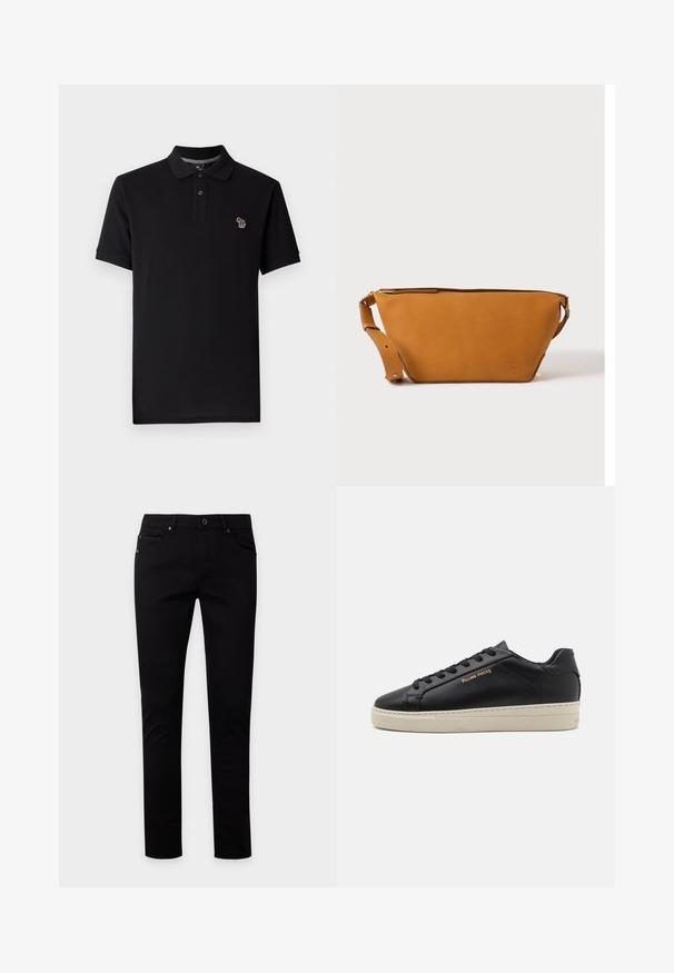 Zwarte poloshirt van katoen met een klassiek ontwerp, voorzien van een kraag met twee knopen en een klein kleurrijk olifantenlogo op de borst.; Zwarte slim-fit jeans met knoop- en ritssluiting, voor- en achterzakken, weergegeven op een effen lichte achtergrond.; Zwarte leren sneaker met een gladde afwerking, contrasterende crèmekleurige zool, ronde neus, gouden logo aan de zijkant en zes gaatjes voor veters.; Lichtbruine leren crossbodytas met verstelbare band en ritssluiting, getoond tegen een effen lichte achtergrond.