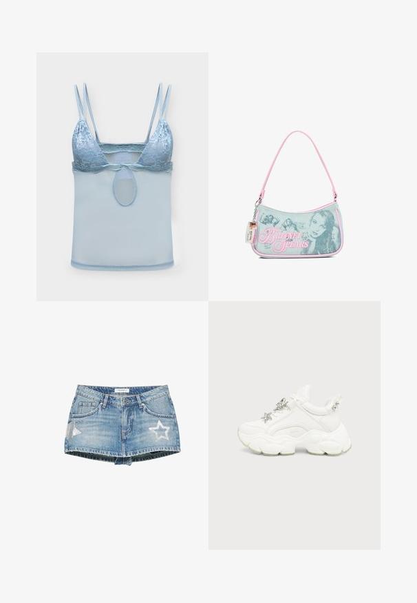Bralette din dantelă albastru deschis cu bretele duble subțiri și țesătură tip plasă sub bust, având un mic decupaj oval în centru.; Fustă mini din denim albastru cu patch-uri argintii în formă de stea, mici decorațiuni cu tăvițe, nasture frontal, fermoar și bucle pentru curea.; Adidași albi masivi cu talpă groasă texturată, stea argintie și decorațiuni cu fluture pe șireturile albe, și ținte argintii pe limba călcâiului.; Geantă mică din denim cu margine roz, cu fotografii alb-negru cu Britney Spears, modele cu stele din strasuri și o etichetă de identificare din plastic atașată.