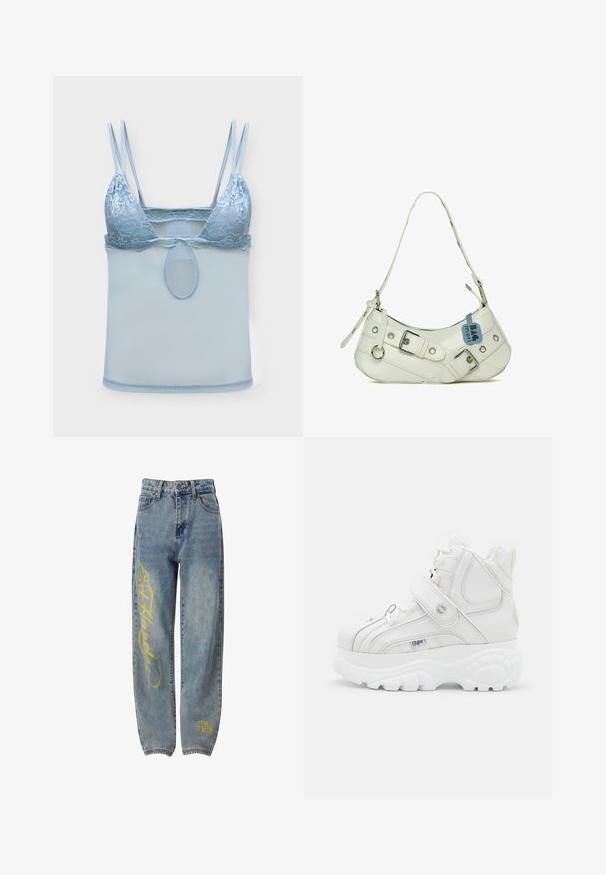 Brassière en dentelle bleu clair avec double bretelles fines et tissu en maille sous la poitrine, avec une petite découpe ovale au centre.; Jean en denim bleu à coupe ample, avec des motifs graphiques jaunes sur la jambe gauche et un petit motif près de l'ourlet inférieur.; Baskets montantes blanches en cuir, dotées d'une sangle à boucle, d'un bout rond, d'une semelle épaisse et de détails de couture verticaux.; Sac à main synthétique blanc avec une silhouette incurvée, une bandoulière réglable, une boucle décorative, du matériel en argent et une étiquette bleue attachée.