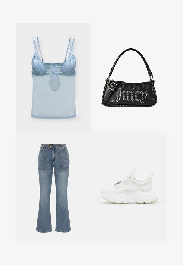 Lichtblauwe kanten bralette met dubbele dunne schouderbandjes en meshstof onder de buste, met een kleine ovale uitsnede in het midden.; Blauwe denim jeans met hoge taille, voorzakken met patch, knoop- en ritssluiting en een licht uitlopende broekspijpsilhouet.; Witte chunky sneakers van leer en mesh-materialen, met een dikke zool, ronde neus en decoratieve veters. Licht gemêleerde accenten.; Zwarte leren handtas met zilverkleurige studs die het woord "Juicy" spellen, voorzien van een bovenhandvat en een verstelbare schouderriem met gesp.