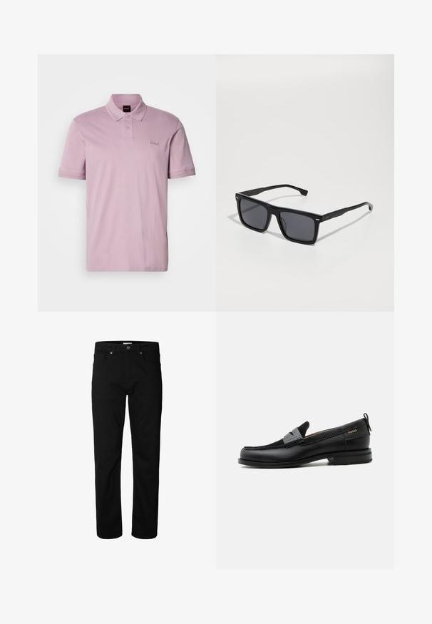Polo de color rosa claro, hecho de algodón, con cuello, dos botones y un pequeño logotipo "BOSS" en hilo a juego en el lado izquierdo del pecho.; Vaqueros negros de corte recto con cierre de botón y cremallera, pasadores para cinturón y bolsillos delanteros y traseros, mostrados sobre un fondo blanco liso.; Mocasín de cuero negro con detalle de tira gris, tacón bajo y suela texturizada, con la marca "HUGO" en oro en el lateral.; Gafas de sol cuadradas negras con lentes oscuros. Fabricadas en plástico, con laterales texturizados y un diseño minimalista. Detalles cerca de las bisagras.