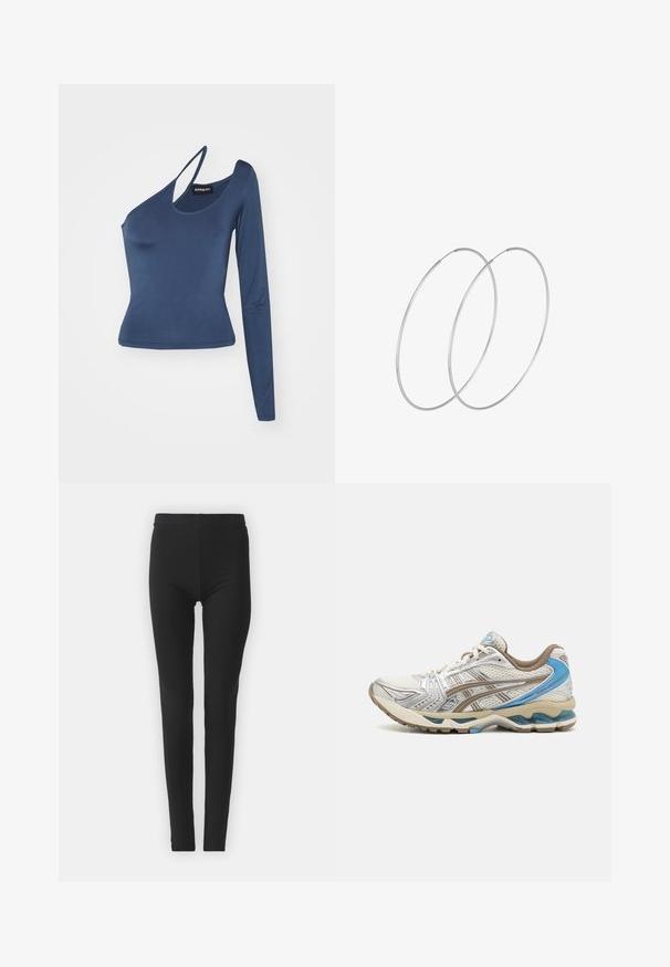 Marineblauw langemouwen top met een unieke een-schouderontwerp. Zachte stof, getailleerde silhouet, met een uitsparing aan één kant.; Zwarte, rekbare leggings met een strakke pasvorm, uitgerust met een hoge tailleband en een gladde textuur. Geen zichtbare patronen of hardwaredetails.; Witte en beige hardloopschoen met blauwe accenten, mesh bovenwerk, gewatteerde zool en vetersluiting, getoond vanaf de buitenkant.; Zilveren hoepel oorbellen met een minimalistisch ontwerp. Cirkelvormig, gladde textuur en dun profiel. Lichtgewicht met een gepolijste afwerking.