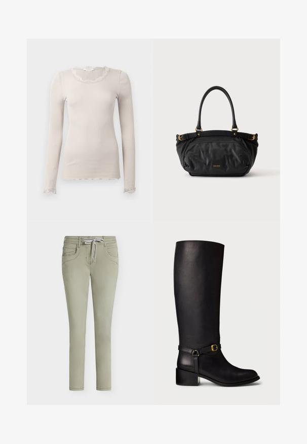 Beige lange mouwen top gemaakt van ribbelstof, heeft een geschulpte kantenkraag en -zoom, met delicate kantaccenten op de manchetten.; Lichtgroene slim-fit broek met voorzakken en wit trekkoord gestrikt in de taille, getoond tegen een effen achtergrond.; Zwarte leren kuitlange laarzen met een lage blokhak en een decoratieve band met een kleine gouden gesp op de enkel.; Zwarte leren handtas met twee handvaten, goudkleurige gespen en een klein goudkleurig merklogo aan de voorkant in het midden.