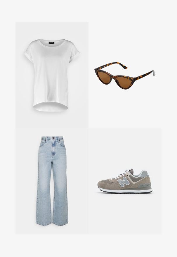 Camiseta blanca de manga corta con cuello redondo, dobladillo trasero ligeramente más largo, tejido de algodón suave y mangas enrolladas. Sin estampados visibles.; Jeans anchos de mezclilla de un azul claro con una cintura alta, diseño clásico de cinco bolsillos y costuras en contraste. Detalle de dobladillo sin terminar en la parte inferior.; Zapatillas de ante marrón con acentos de malla gris, cordones blancos y un logo 'N' gris. Suelas de goma con un ligero patrón de agarre para tracción.; Gafas de sol estilo ojo de gato con montura de carey negra y naranja, lentes marrones y puntas elegantes y afiladas. Presenta un logo minimalista en la patilla.