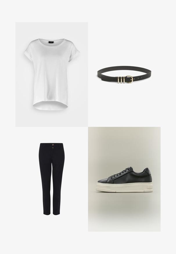 T-shirt blanc à manches courtes avec un col rond, ourlet arrière légèrement plus long, en tissu de coton doux et avec des manches retroussées. Pas d'imprimés visibles.; Pantalons noirs sur mesure en tissu mélangé coton, avec deux boutons à l'avant, une coupe droite et une texture lisse. Aucun motif visible.; Baskets basses en cuir noir avec des lacets noirs et une épaisse semelle en caoutchouc blanc sur un fond neutre.; Ceinture en cuir noir texturé avec une boucle en métal doré comportant trois barres horizontales et de nombreux trous d'ajustement.