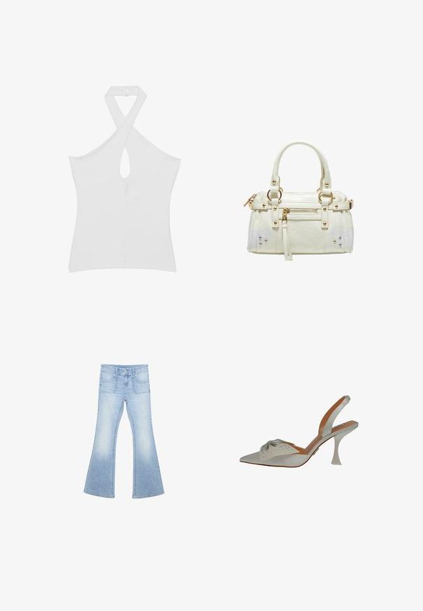 Haut blanc sans manches à col halter torsadé avec une découpe en trou de serrure sur le devant, ajusté et longueur taille.; Jean en denim bleu clair avec une taille haute, deux poches avant, une fermeture à double bouton et des jambes évasées.; Chaussure slingback en satin blanc, à bout pointu, ornée de perles argentées. Présente un talon fin et transparent, ainsi qu'un détail décoratif texturé sur le dessus.; Sac à main en cuir blanc avec deux poignées, poche avant zippée, quincaillerie dorée et clous décoratifs sur fond uni.