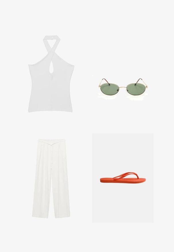 Haut blanc sans manches à col halter torsadé avec une découpe en trou de serrure sur le devant, ajusté et longueur taille.; Pantalon blanc à jambes larges avec une taille haute, dotés d'une ceinture à nouer, d'une texture douce et de plis avant pour plus de structure. Design minimal.; Tongs en caoutchouc orange vif avec semelle texturée et bride en forme de Y sur fond blanc uni.; Lunettes de soleil ovales à monture en métal doré avec des verres teintés verts et des branches fines reposant sur une surface blanche.