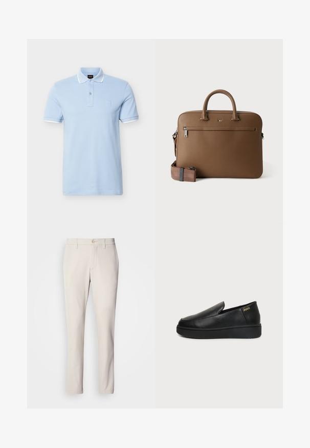 Lyseblå kortærmet poloshirt med hvid kant ved krave og ærmer, to-knaps lukning og diskret præget logo på brystet.; Beige bukser med slim fit, der har en frontknaplukning, flad frontdesign og lige ben, lavet af glat bomuldsblandingsstof.; Sort læder slip-on sko med tyk sål og små sideventilationshuller, med gulddetalje "HUGO" logo nær hælen.; Brun lædermappe med top håndtag, lomme foran med lynlås og aftagelig matchende skulderrem på hvid baggrund.