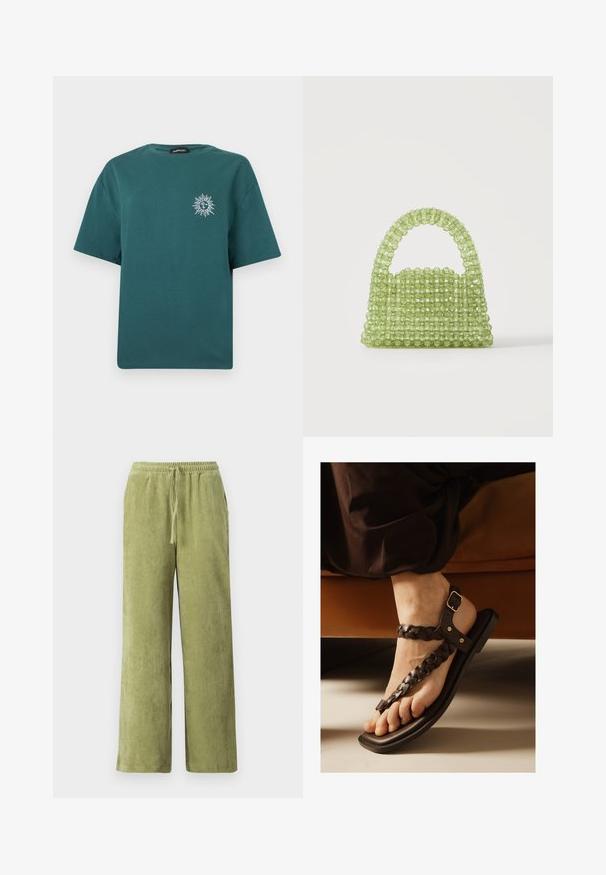 Korte mouw t-shirt in teal met een kleine witte zon en maan afbeelding op de linkerborst en een ronde hals.; Groene corduroybroek met een wijde pijpdesign, elastische tailleband en aansnoerdetail. Verticale ribbels in de stof creëren textuur.; Voet met gevlochten donkerbruine leren sandaal met verstelbare gesp, rustend naast een bruine bank op een lichte vloer.; Kleine groene handtas gemaakt van doorschijnende ronde kralen met een kralenhandvat op een effen witte achtergrond.