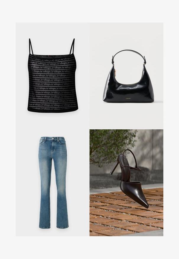 Zwarte mesh cami-top met spaghettibandjes, herhalend "tommy" logo patroon en een aansluitend ontwerp. Lichtgewicht stof met een lichte glans.; Lichtblauwe flared jeans van denim met vijf zakken, een hoge taille en stikselDetails. De stof heeft een licht vervaagde wassing en een gladde textuur.; Glanzende zwarte hoge hak mule met spitse neus en enkelriem, zwevend boven een oppervlak met terracottategels en grindvoegen.; Zwarte glanzende Calvin Klein handtas met gouden rits en korte band tegen een effen witte achtergrond.
