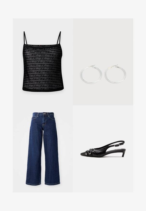 Sort mesh cami-top med spaghetti-stropper, gentagende "tommy" logo-mønster og en tætsiddende pasform. Letvægtsstof med let glans.; Mørkeblå vide jeans lavet af denim, med knap- og lynlåslukning, bæltesløjfer og klassisk fem-lomme design.; Sort læder slingback sko med spids tå, tre sølvspænder på forsiden og lav lille hæl på hvid baggrund.; Par skinnende sølvøreringe med tynde trådlåse, vist på en lys grå baggrund.