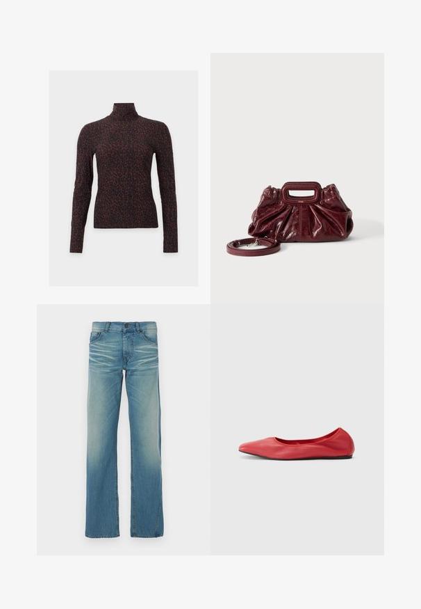 Langærmet top med høj hals med mørkebrunt og sort leopardprint på ensfarvet baggrund.; Lyseblå denimjeans med lige ben, blegning, fem lommer og knaplukning. Synlig syning som accent.; Filippa K REY FLATS - Ballerinasko - bright red; Lille mørkerød læderhåndtaske med opsamlet struktur, rektangulært håndudskåret håndtag og aftagelig skulderrem på hvid baggrund.