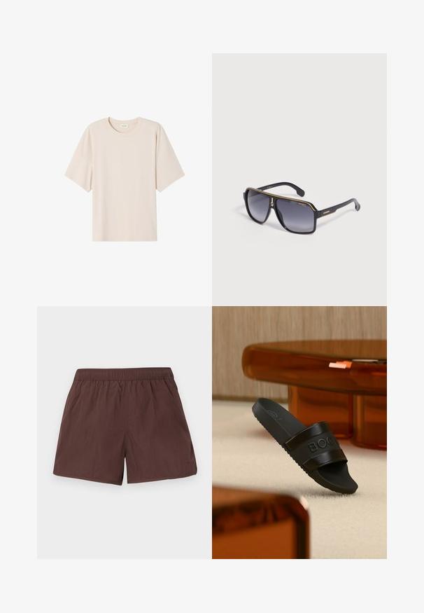 Beige übergroßes Kurzarm-T-Shirt mit rundem Ausschnitt und glattem Stoff, flach auf einem weißen Hintergrund liegend.; Braune elastische Taillenshorts mit einfacher, glatter Struktur und Seitentaschen, flach auf hellem Hintergrund dargestellt.; Schwarze Riemchensandale mit strukturierter Sohle und geprägt eingraviertem Markennamen, auf hellem Teppich nahe bernsteinfarbenem, durchscheinendem Möbelstück platziert.; Schwarze Carrera Sonnenbrille mit dunklen Verlaufsgläsern, rechteckiger Form und goldenen Details am Rahmen und an den Bügeln.