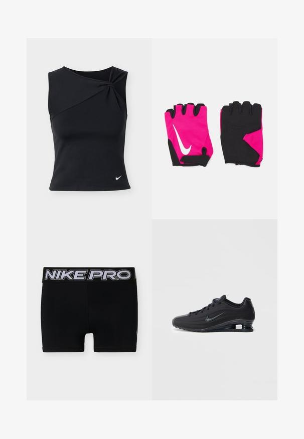 Černý sportovní top bez rukávů s asymetrickým zkrouceným výstřihem a malým bílým logem Nike v podobě křídel na spodní levé straně.; Černé kompresní šortky Nike Pro se širokým pasem a velkým stříbrným nápisem "NIKE PRO".; Černé tenisky Nike s texturovaným svrškem, elegantním designem, zavazováním na tkaničky a viditelnou vzduchovou jednotkou na patě. Minimalistický branding.; Krátké růžové rukavice s černými akcenty, obsahující bílé logo Nike, polstrované dlaně a bezprstý design pro zvýšenou přilnavost a flexibilitu.