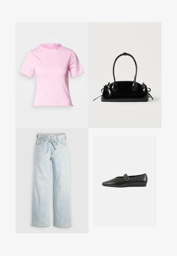 Rosa kurzärmeliges T-Shirt mit geripptem Muster, wellenförmigem Ausschnitt und Saum, mit kleinem Logo auf der Vorderseite.; Helleblaue, weit geschnittene Jeans mit einer Bindeschlaufe, klassischem Fünf-Taschen-Design und subtilen Auswaschungen an den Beinen. Aus Denim-Material.; Schwarze Lederflachschuhe mit spitzem Zehenbereich, ausgestattet mit einem metallischen Riemen über dem Spann und einer niedrigen, flexiblen Sohle.; Kleine schwarze glänzende Handtasche mit zwei langen Griffen und seitlichen Kordelzug-Details vor einfachem hellem Hintergrund.