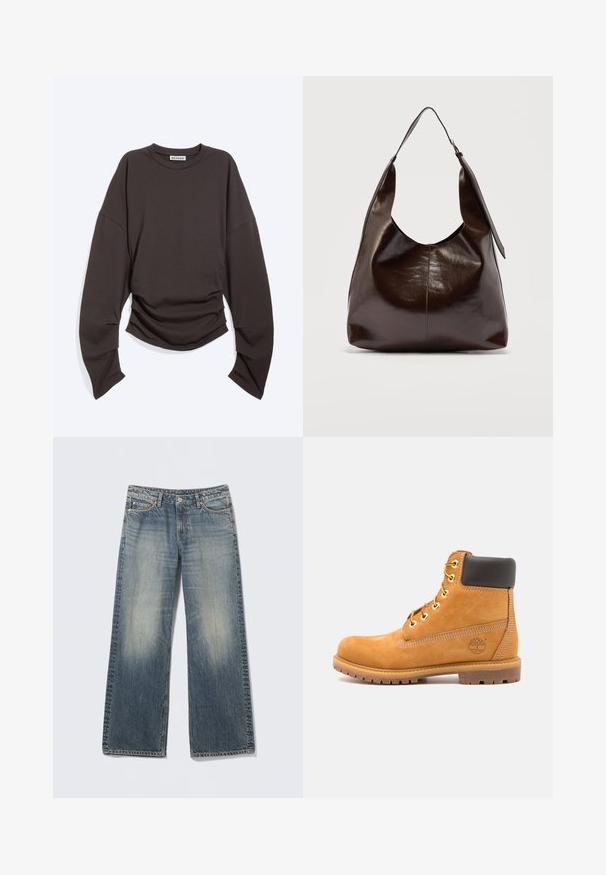 Mørkebrun langermet genser med rund hals og innsvinget detalj ved midjen, vist flatt på hvit bakgrunn.; Lyseblå jeans med vide ben laget av denim. Falmede områder på lår og knær. Standard linning med fem lommer og metalletaljer.; Brune skinn ankelstøvlett med svart polstring, gulløyelter og en teksturert såle. Har et rundt logo på siden og sømdetaljer.; Mørkebrun, skinnende lærskulderveske med en bred stropp og spenne-detalj på den ene siden, plassert mot en ensfarget lys bakgrunn.