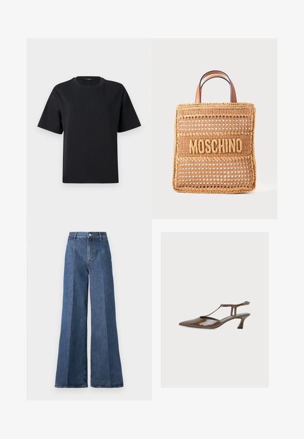 Sort kortærmet t-shirt med rund hals og afslappet pasform, vist mod en lysegrå baggrund.; Bredde ben blå denim jeans med høj talje, med klassisk fem-lomme stil og knaplukning, lavet af struktureret bomstof.; Brun laklæder slingback pumpe med spids tå, T-rem, lille buet hæl og ankelspænde på ensfarvet baggrund.; Kvadratisk tan vævet tote-taske med flettede kanter, to læderhåndtag og "MOSCHINO" broderet på forsiden.