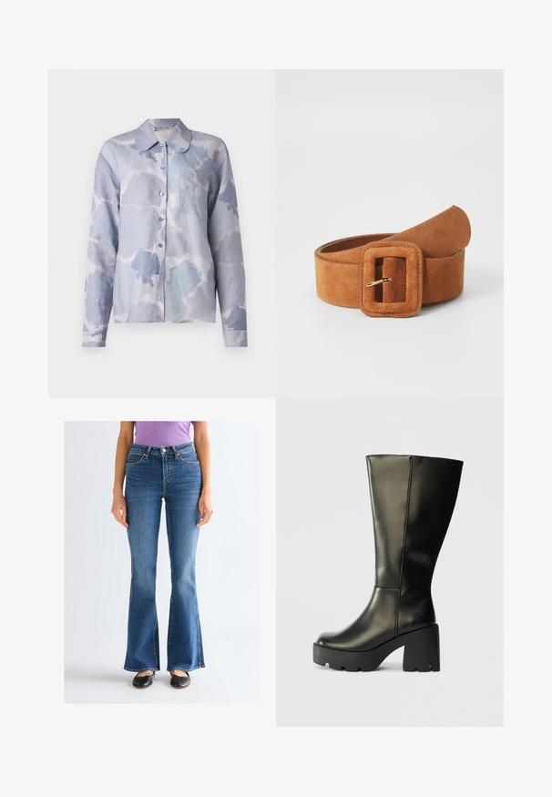 Lichtblauw overhemd van zachte stof, met een wolkachtig patroon, een opstaand kraag, lange mouwen en een enkel borstzakje.; Vrouw draagt blauwe high-waist bootcut jeans, zwarte ballerina’s en een paarse korte mouwen T-shirt, staand tegen een effen lichte achtergrond.; Zwarte leren knie-high laars met een chunky gestructureerde zwarte plateauhak. Heeft een gladde oppervlakte en een slanke verticale vorm.; ONLY ONLKAIA - Riem - cognac
