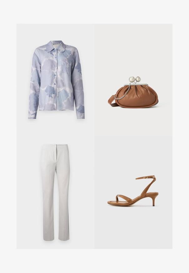 Chemise bleu clair à manches longues en tissu doux, ornée d'un motif semblable à des nuages, avec un col plié et une poche poitrine unique.; Pantalon gris clair, ajusté, avec une texture lisse, coupe droite et taille mi-haute. Présente une fermeture éclair à l'avant et des poches latérales.; Sandale en cuir marron avec lanières, talon bas en forme de petit escarpin et bride à la cheville avec une petite boucle, vue de côté sur un fond uni.; Pochette en cuir marron avec un fermoir à boule en argent et un petit détail en chaîne argentée sur fond blanc.