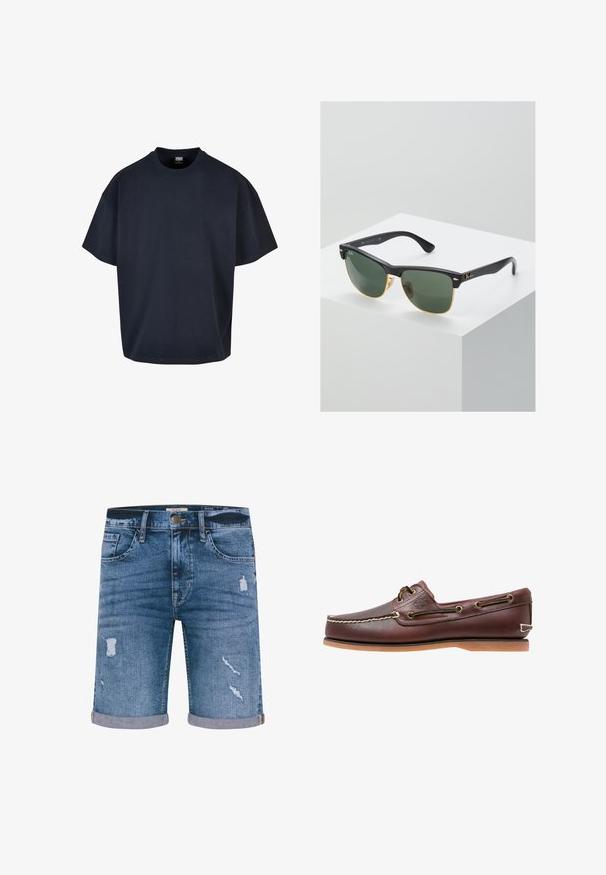 Urban Classics ULTRA HEAVY OVERSIZED - Základné tričko - midnightnavy; Denim šortky strednej modrej farby s opotrebovaným vzhľadom, obtočenými okrajmi, piatimi vreckami a kovovým zapínaním na gombík. Štandardný strih.; Hnedá kožená lodná topánka s bielym prešívaním, detailmi na šnúrky a svetlohnedou gumovou podrážkou, zobrazená z boku na bielom pozadí.; Slnečné okuliare Ray-Ban so zelenými sklami, čiernymi plastovými rámami a zlatými akcentami na okrajoch. Štvorcový tvar s matným povrchom.
