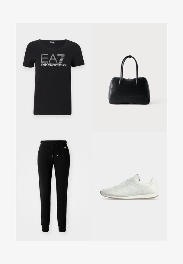 Zwart T-shirt met korte mouwen, gemaakt van katoen, met een ronde hals en een "EA7 Emporio Armani" logo bedekt met strassteentjes aan de voorkant.; Zwarte tapered sweatpants met een tailleband met trekkoord en manchetten bij de enkels, weergegeven op een eenvoudige witte achtergrond.; Witte lage leren sneaker met veters aan de voorkant, subtiele stiksel details en beige rubberen zool op een effen lichte achtergrond.; Zwarte Emporio Armani Milano leren handtas met twee lange hengsels en een bovenste ritssluiting op een witte achtergrond.