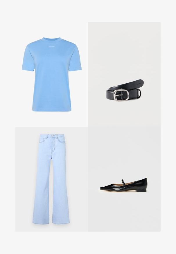 Lyseblå Calvin Klein T-shirt med korte ærmer, rund hals og lille hvidt logo centreret under kraven.; Lyseblå flagrende jeans med høj talje, der har fem lommer, knaplukning og en glat denimstruktur. Kanten er pænt syet.; Sorte patenterede læder Mary Jane flade sko med spids tå, én rem og lav hæl på ensfarvet baggrund.; Sort læderbælte med et rektangulært sølvspænde. Glat tekstur med udstansede huller til justering og mærket inderside.