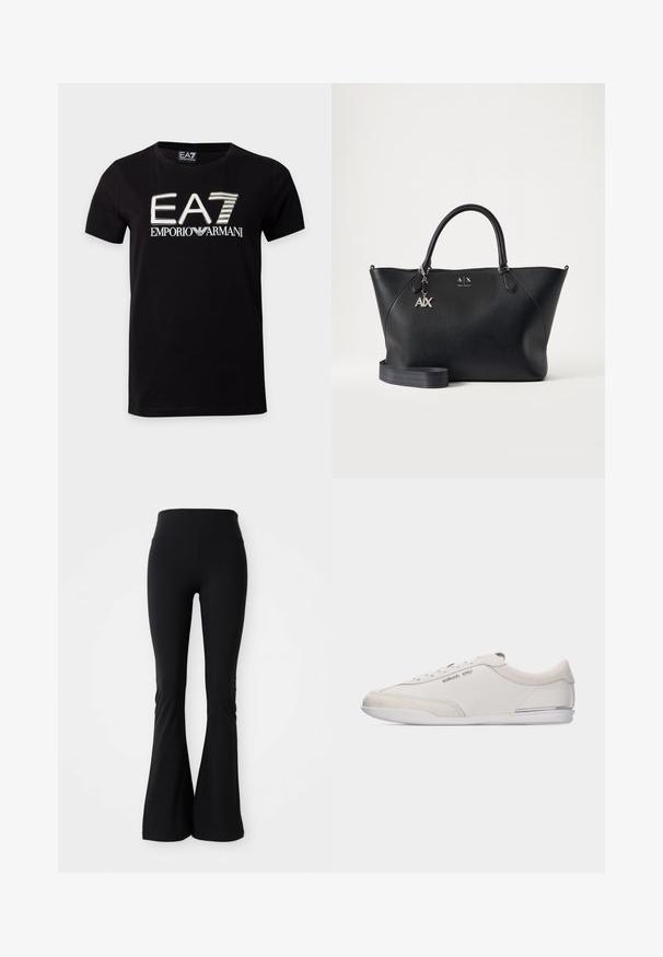 T-shirt noir à manches courtes avec col rond présentant un grand logo blanc et doré EA7 Emporio Armani sur le devant.; Leggings évasés noirs fabriqués en matériau extensible, dotés d'une taille haute et d'une texture lisse. Aucun motif ou quincaillerie visible.; Baskets basses blanc cassé et beige à lacets, avec des détails en cuir lisse et en daim, arborant un petit logo Michael Kors sur le côté.; Sac à main en cuir noir Armani Exchange avec deux poignées, breloque argentée A|X et bandoulière amovible sur un fond clair uni.