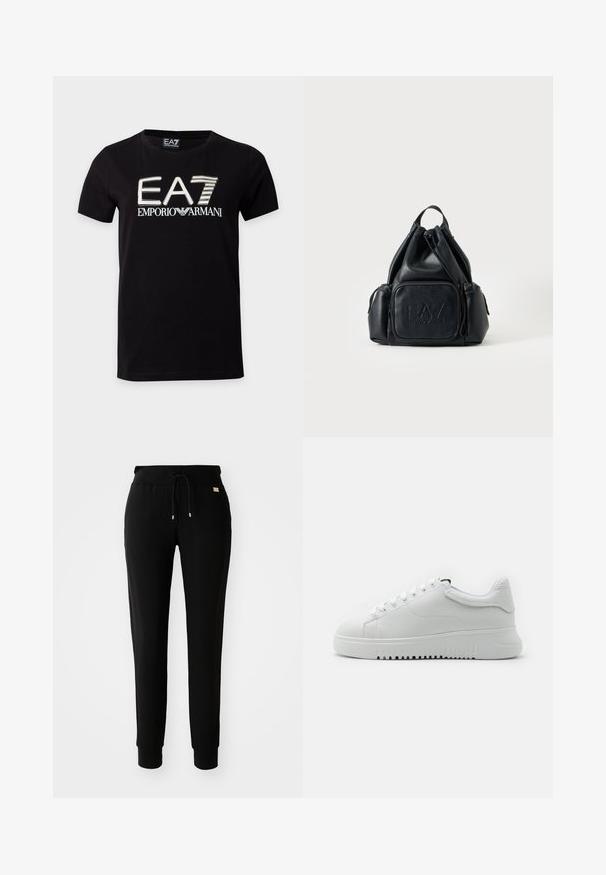 Sort kortærmet t-shirt med rund halsudskæring med stort hvidt og guld EA7 Emporio Armani-logo foran.; Sorte tapered sweatpants med snøre i taljen og manchetter ved anklerne, præsenteret på en simpel hvid baggrund.; Hvide sneakers med en struktureraad læderoverdel, rund tå og snørebåndsdesign. Tykk hvid gummisål med struktureret grebsmønster.; Sort læder-rygsæk med snøre, med for- og sidelommer med lynlås, med præget "EA7 Emporio Armani" logo på frontlommen.